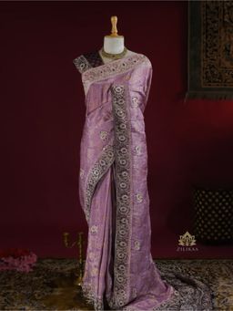 ZILIKAA - Lavender Purple Zardozi Handwork Munga Banarasi Silk Saree with Unstitched Blouse