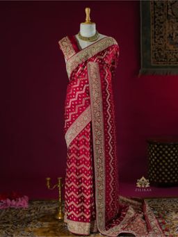 ZILIKAA - Calcutta Red Zardozi Handwork Mulberry Banarasi Silk Saree with Unstitched Blouse
