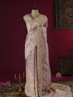 ZILIKAA - Lilac Purple Zardozi Handwork Kanchi Tissue Silk Saree with Unstitched Blouse