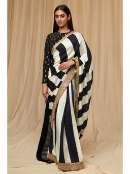 Masaba - Black and Ivory Stripes Saree with Unstitched Blouse