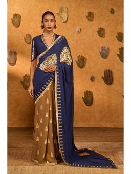 Masaba - Mocha and Sapphire Moonfish Saree with Unstitched Blouse