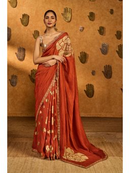 Masaba - Rust Windrose Crushed Saree with Unstitched Blouse