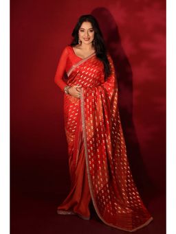 Masaba - Rust Stripe Foil Saree with Unstitched Blouse