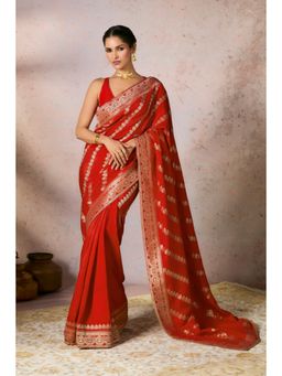 Masaba - Red Jacquard Saree with Unstitched Blouse