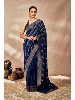 Masaba - Navy Blue Jacquard Saree with Unstitched Blouse