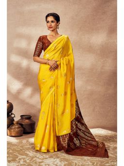 Masaba - Brown and Yellow Jacquard Saree with Unstitched Blouse
