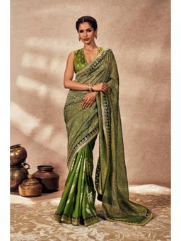 Masaba - Green Palm Blooms Tissue Saree with Unstitched Blouse