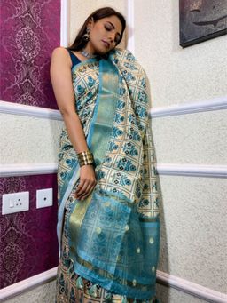 ZILIKAA - Cream White Upada Cotton Silk Saree with Unstitched Blouse