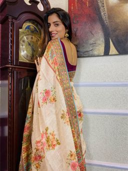 ZILIKAA - Parchment Tan Linen Silk Saree with Unstitched Blouse