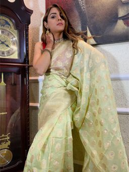ZILIKAA - Lime Green Organza Crape Silk Saree with Unstitched Blouse