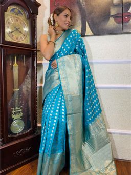 ZILIKAA - Turquoise Blue Banarasi Silk Handloom Saree with Unstitched Blouse