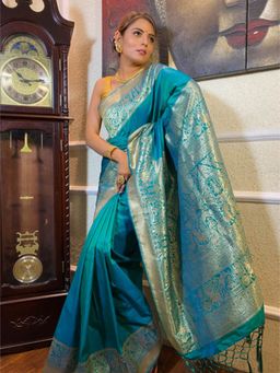 ZILIKAA - Turquoise Blue Banarasi Silk Saree with Unstitched Blouse