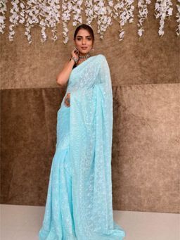ZILIKAA - Arctic Blue Chikankari Sequined Georgette Saree with Unstitched Blouse