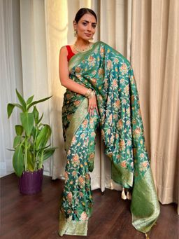 ZILIKAA - Deep Sea Green Banarasi Upada Silk Saree with Unstitched Blouse
