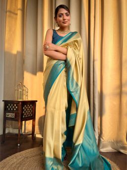 ZILIKAA - Buttermilk Kanjivaram Silk Saree with Unstitched Blouse