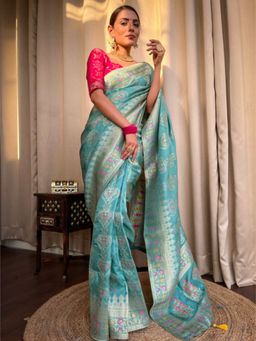 ZILIKAA - Turquoise Green Minakari Banarasi Upada Silk Saree with Unstitched Blouse