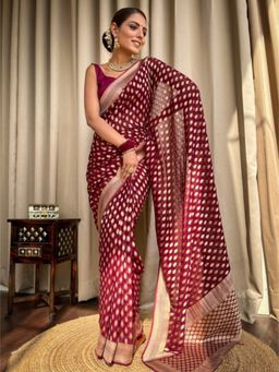 ZILIKAA - Sangria Wine Banarasi Khadi Weaved Georgette Saree with Unstitched Blouse