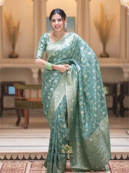 ZILIKAA - Turquoise Green Banarasi Upada Silk Saree with Unstitched Blouse