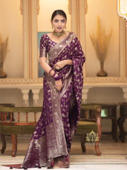 ZILIKAA - Plum Wine Banarasi Upada Silk Saree with Unstitched Blouse