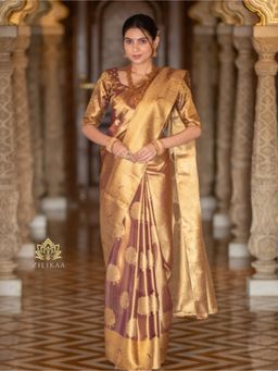 ZILIKAA - Caramel Gold Kanchipuram Tissue Silk Saree with Unstitched Blouse