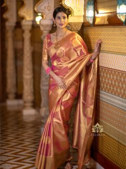 ZILIKAA - Salmon Pink Kanchipuram Tissue Silk Saree with Unstitched Blouse