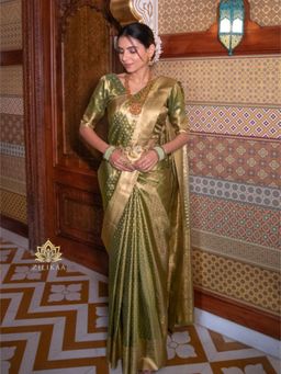 ZILIKAA - Olive Green Kanchipuram Tissue Silk Saree with Unstitched Blouse