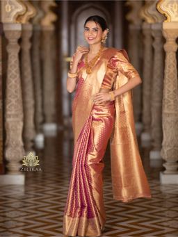 ZILIKAA - Salmon Pink Kanchipuram Tissue Silk Saree with Unstitched Blouse