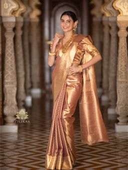 ZILIKAA - Caramel Gold Kanchipuram Tissue Silk Saree with Unstitched Blouse