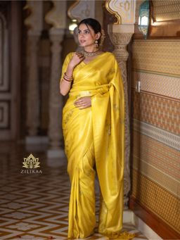 ZILIKAA - Lemon Yellow Kanjivaram Silk Saree with Unstitched Blouse