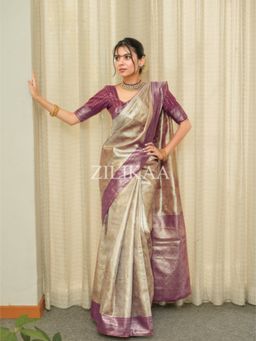 ZILIKAA - Ivory Purple Kanchipuram Tissue Silk Saree with Unstitched Blouse