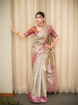 ZILIKAA - Ivory Red Kanchipuram Tissue Silk Saree with Unstitched Blouse