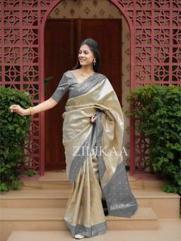 ZILIKAA - Ivory Black Kanchipuram Tissue Silk Saree with Unstitched Blouse