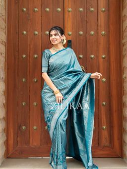 ZILIKAA - Peacock Blue Kanchipuram Silk Saree with Unstitched Blouse