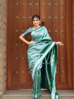 ZILIKAA - Bottle Green Kanchipuram Silk Saree with Unstitched Blouse
