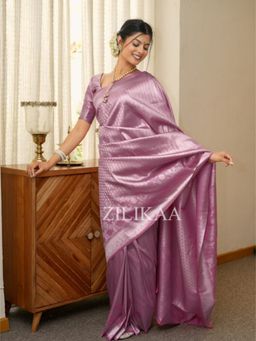 ZILIKAA - Lilac Purple Kanchipuram Silk Saree with Unstitched Blouse