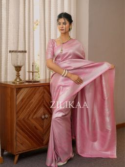 ZILIKAA - Pastel Pink Kanchipuram Silk Saree with Unstitched Blouse