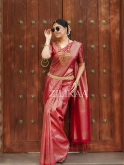 ZILIKAA - Maroon Red Kanjivaram Silk Saree with Unstitched Blouse