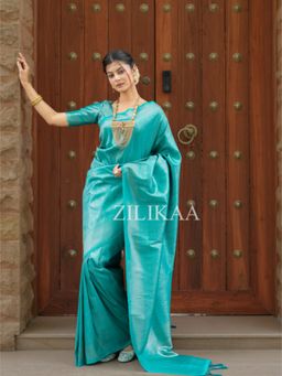 ZILIKAA - Tiffany Blue Kanjivaram Silk Saree with Unstitched Blouse