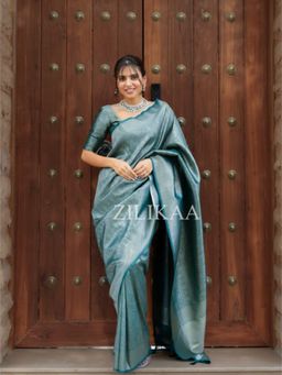 ZILIKAA - Peacock Blue Kanjivaram Silk Saree with Unstitched Blouse