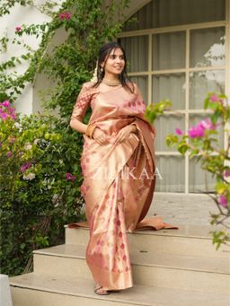 ZILIKAA - Salmon Pink Rangkaat Kanchi Tissue Silk Saree with Unstitched Blouse