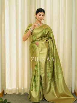 ZILIKAA - Olive Green Kanchipuram Tissue Silk Saree with Unstitched Blouse