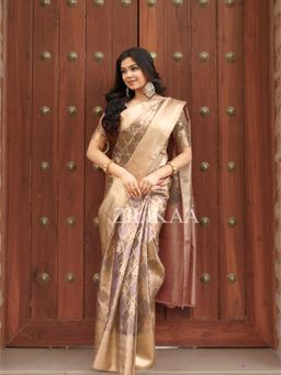 ZILIKAA - Caramel Gold Kanchipuram Tissue Silk Saree with Unstitched Blouse