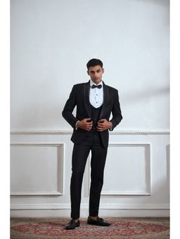 TAJIRI - Black Embroidered Tuxedo Blazer with Pant