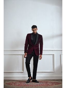 TAJIRI - Wine Embellished Tuxedo Blazer with Pant