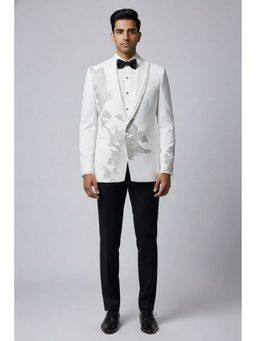 TAJIRI - White Embroidered Tuxedo Blazer with Pant