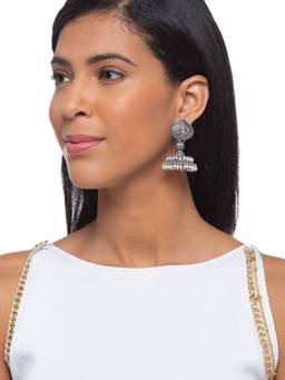 Digital Dress Room - German Oxidized Ganesha Engraved White Jhumkas with Pearl Earrings