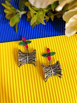 Digital Dress Room - German Oxidized Damru Floral Multi-Color Earrings for Women