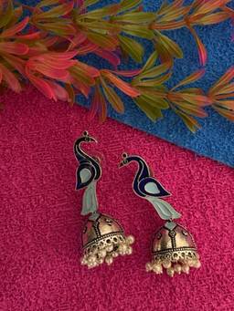 Digital Dress Room - German Oxidized Peacock White Jhumka Earrings for Women