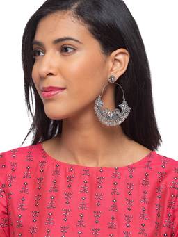 Digital Dress Room - German Oxidized Tribal Peacock Engraved White Stone Earrings