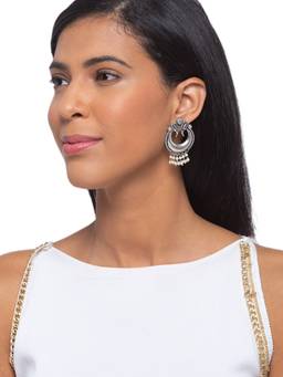 Digital Dress Room - German Oxidized Bird Engraved White Chandbali Design with Pearl Earrings